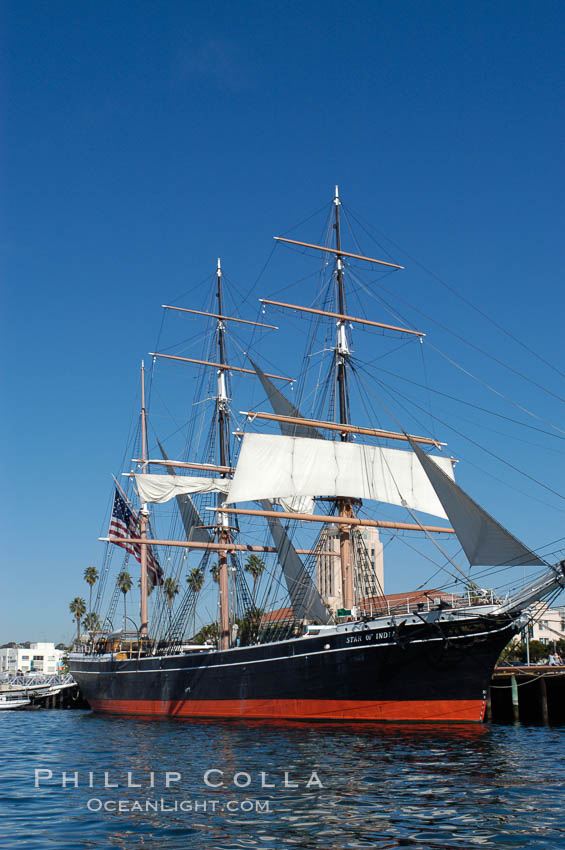 The Star of India is the worlds oldest seafaring ship.  Built in 1863, she is an experimental design of iron rather than wood.  She is now a maritime museum docked in San Diego Harbor, and occasionally puts to sea for special sailing events. California, USA, natural history stock photograph, photo id 07619