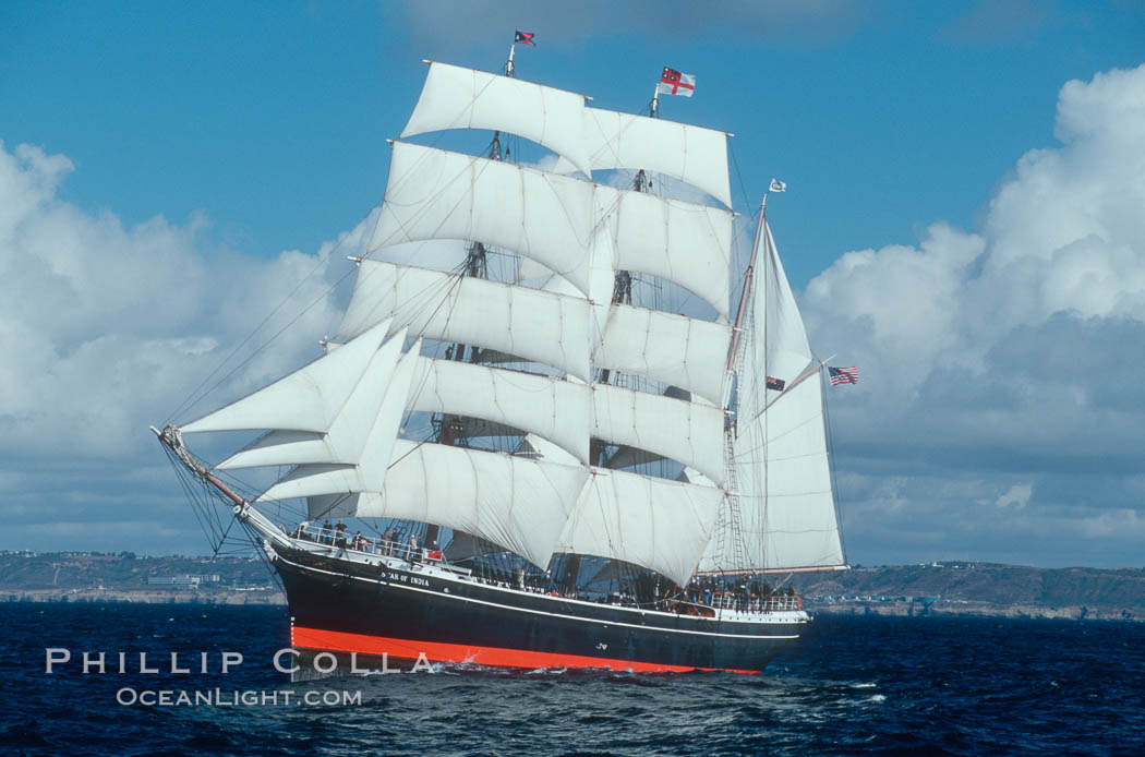 The Star of India under full sail offshore of San Diego. The Star of India is the worlds oldest seafaring ship. Built in 1863, she is an experimental design of iron rather than wood. She is now a maritime museum docked in San Diego Harbor, and occasionally puts to sea for special sailing events