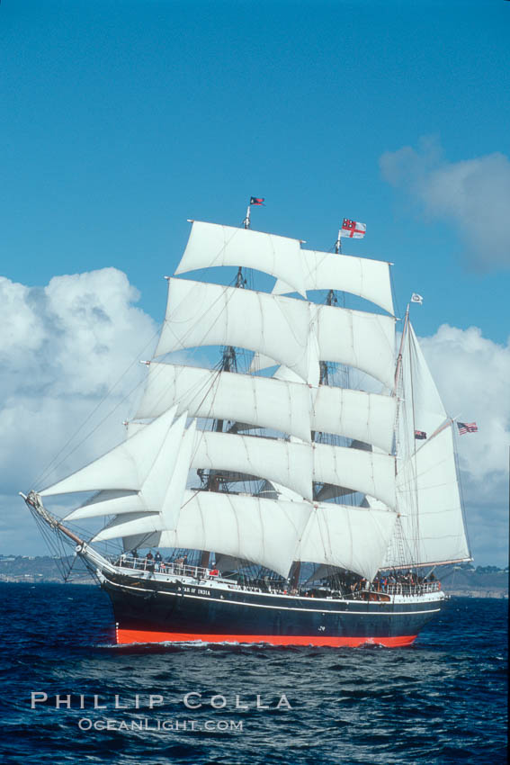 The Star of India under full sail offshore of San Diego. The Star of India is the worlds oldest seafaring ship.  Built in 1863, she is an experimental design of iron rather than wood.  She is now a maritime museum docked in San Diego Harbor, and occasionally puts to sea for special sailing events. California, USA, natural history stock photograph, photo id 07785