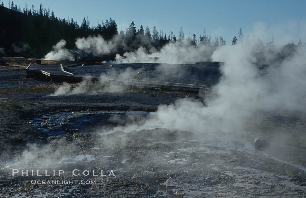 Steam rises from the many geysers, springs and pools on Geyser Hill near Old Faithful, just after sunrise. Yellowstone National Park, Wyoming, USA, natural history stock photograph, photo id 07255