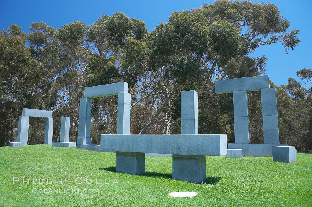 Stonehenge, or what is officially known as the La Jolla Project, was the third piece in the Stuart Collection at University of California San Diego (UCSD).  Commissioned in 1984 and produced by Richard Fleishner, the granite blocks are spread on the lawn south of Galbraith Hall on Revelle College at UCSD. University of California, San Diego, USA, natural history stock photograph, photo id 12847