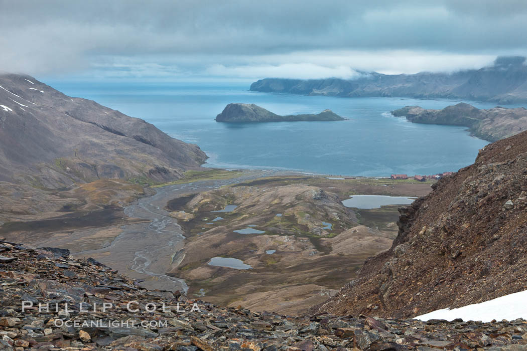 Looking down on Stromness Bay from the pass high above. Stromness Harbour, South Georgia Island, natural history stock photograph, photo id 24640