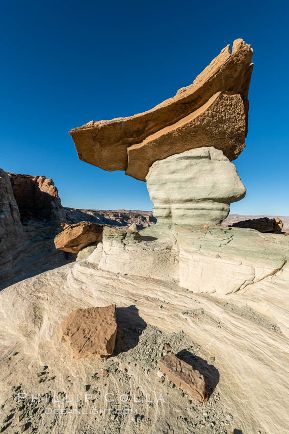 Pedestal rock, or hoodoo, at Stud Horse Point. These hoodoos form when erosion occurs around but not underneath a more resistant caprock that sits atop of the hoodoo spire. Stud Horse Point is a spectacular viewpoint on a mesa overlooking the Arizona / Utah border. Page, USA, natural history stock photograph, photo id 37779