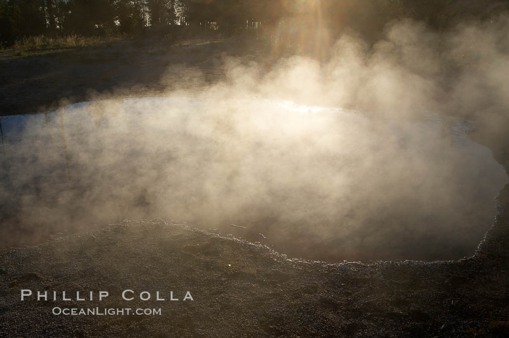 Sunlight and steam, early morning. Lower Geyser Basin, Yellowstone National Park, Wyoming, USA, natural history stock photograph, photo id 13567