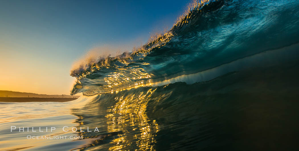 Sunrise glints yellow on breaking wave, dawn surf. The Wedge, Newport Beach, California, USA, natural history stock photograph, photo id 27977