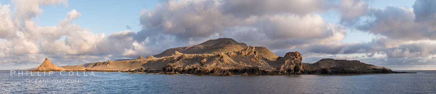 Sunrise at San Clemente Island, south end showing China Hat (Balanced Rock) and Pyramid Head, near Pyramid Cove, storm clouds. Panoramic photo. California, USA, natural history stock photograph, photo id 30855