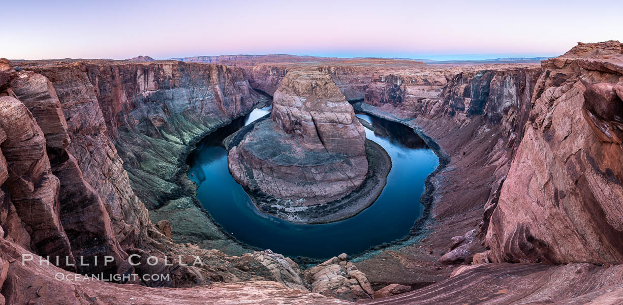 Predawn light on Horseshoe Bend. The Colorado River makes a 180-degree turn at Horseshoe Bend. Here the river has eroded the Navajo sandstone for eons, digging a canyon 1100-feet deep. Page, Arizona, USA, natural history stock photograph, photo id 36005