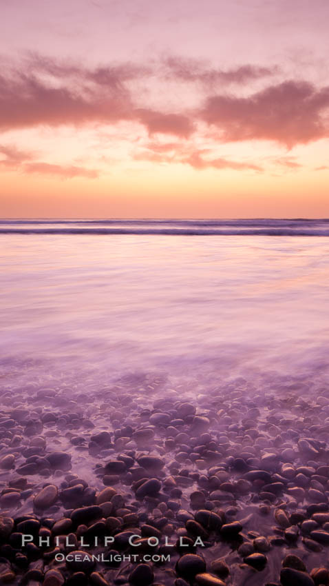 Sunset and incoming surf, gorgeous colors in the sky and on the ocean at dusk, the incoming waves are blurred in this long exposure. Carlsbad, California, USA, natural history stock photograph, photo id 27170