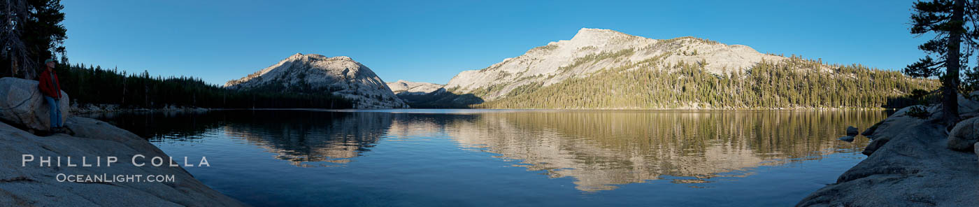 Tenaya Lake at sunset, panoramic view looking north, with Tenaya Peak (10,280') on the right and Medlicott Dome (9,880') on the left.  Tenaya Lake lies at 8,150' in the heart of Yosemite's high country. Yosemite National Park, California, USA, natural history stock photograph, photo id 25755