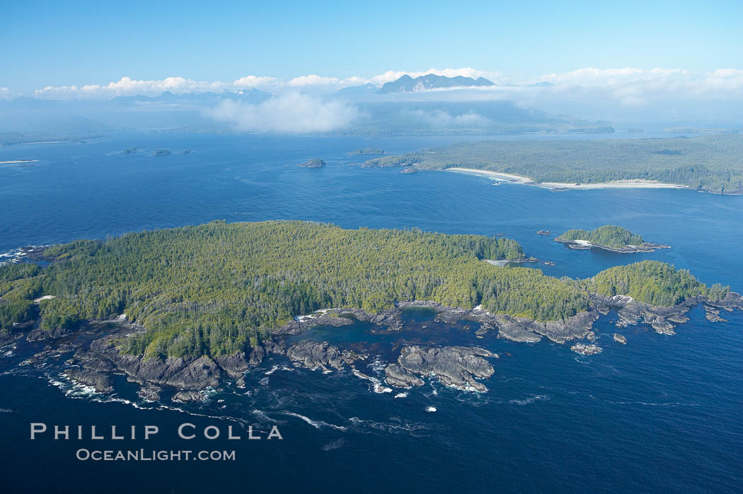 Blunden Island (foreground) and Vargas Island (distance), surrounded by the waters of Clayoquot Sound, west coast of Vancouver Island. Tofino, British Columbia, Canada, natural history stock photograph, photo id 21080