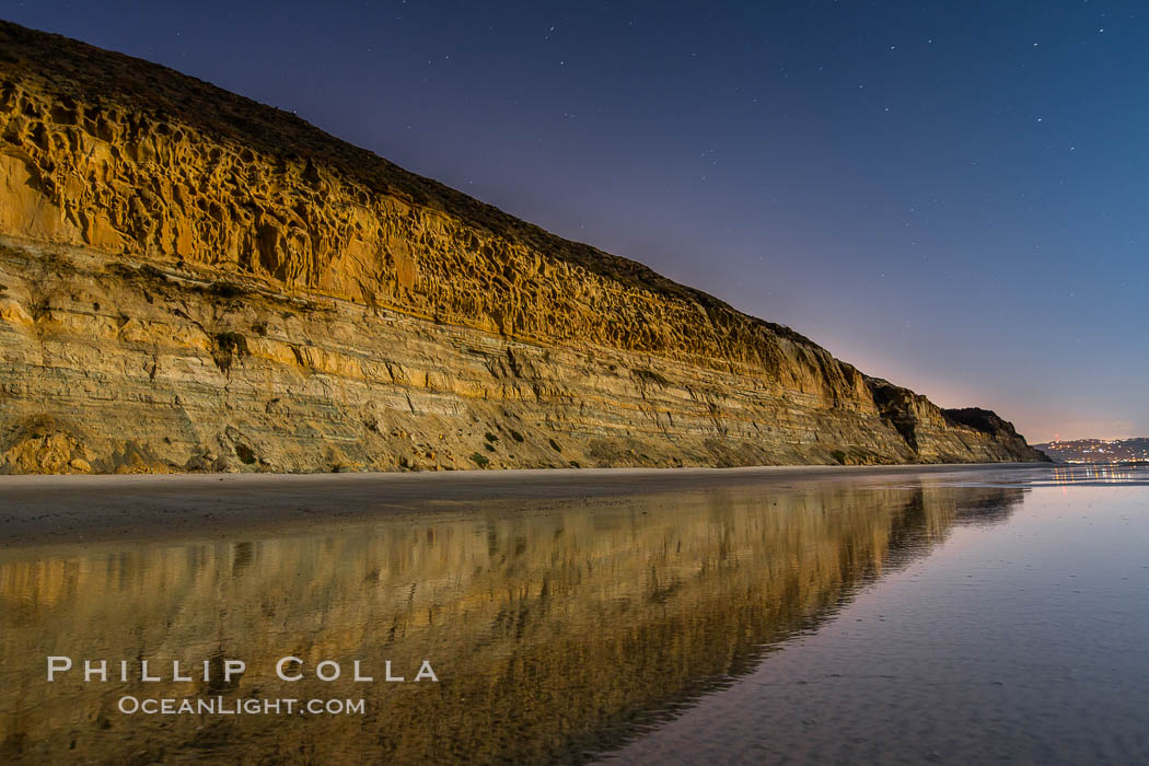 Torrey Pines Cliffs lit at night by a full moon, low tide reflections. Torrey Pines State Reserve, San Diego, California, USA, natural history stock photograph, photo id 28454