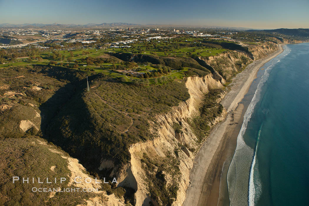 Torrey Pines golf course, situated atop the magnificent 300 foot tall seacliffs, offers majestic views of the Pacific Ocean south to La Jolla.  Scattered around the course are found Torrey pine trees, one of the rare species of pines in the world.  Some of La Jolla's biotechnology companies are seen on the far side of the golf course, along North Torrey Pines Road. San Diego, California, USA, natural history stock photograph, photo id 22357