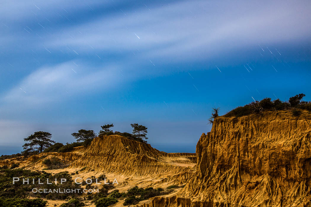 Torrey Pines State Reserve at Night, stars and clouds fill the night sky, the Pacific Ocean in the distance, San Diego, California