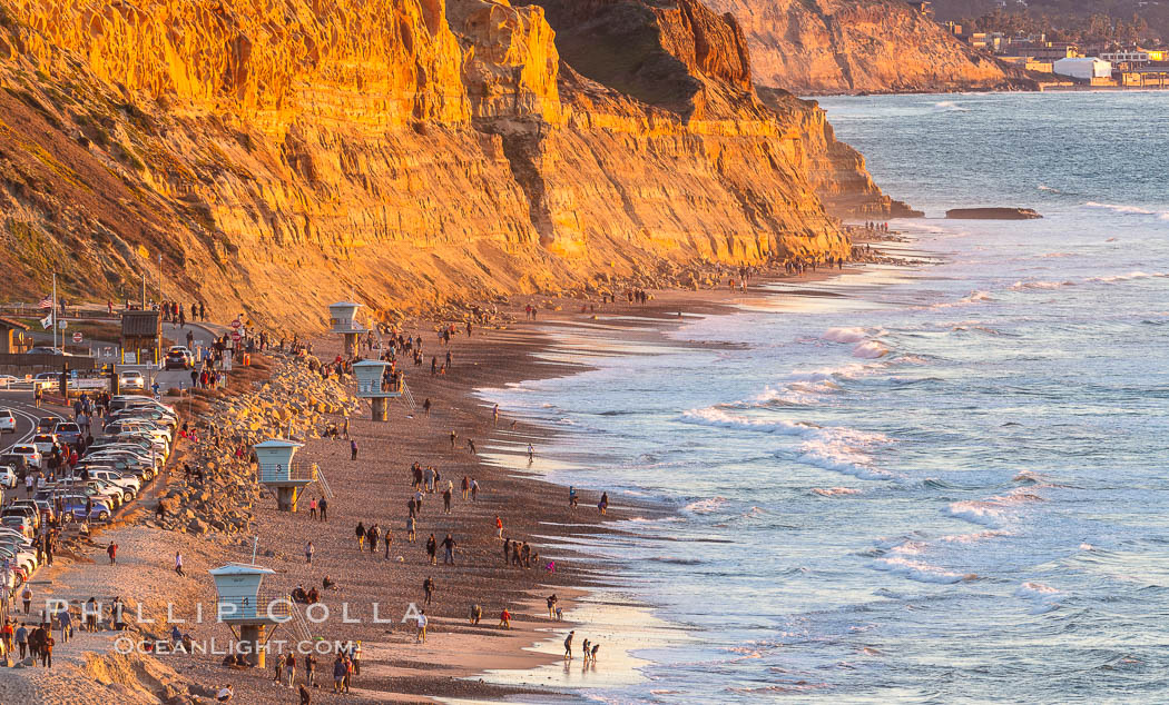 Torrey Pines State Beach at Sunset, La Jolla, Mount Soledad and Blacks Beach in the distance. Torrey Pines State Reserve, San Diego, California, USA, natural history stock photograph, photo id 35060