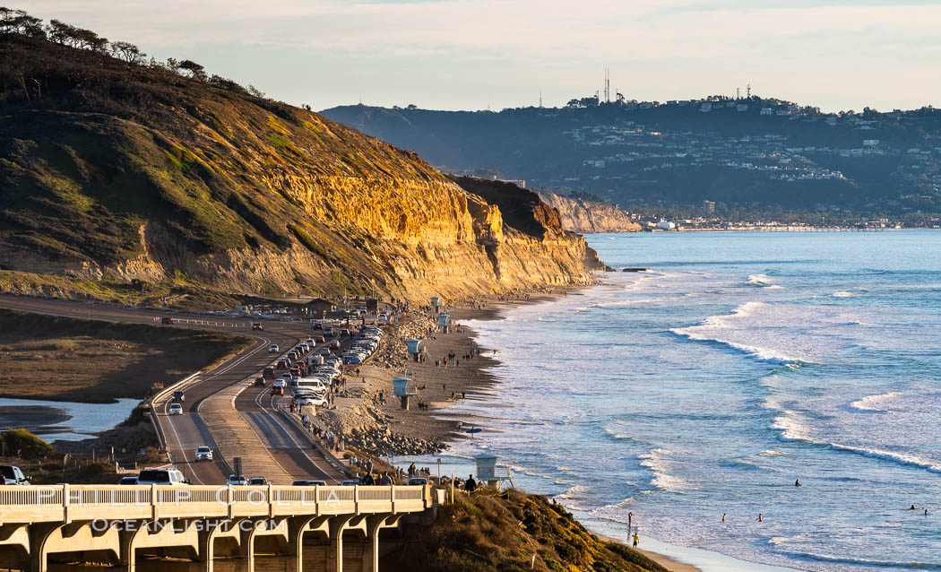 Torrey Pines State Beach at Sunset, La Jolla, Mount Soledad and Blacks Beach in the distance. Torrey Pines State Reserve, San Diego, California, USA, natural history stock photograph, photo id 35064