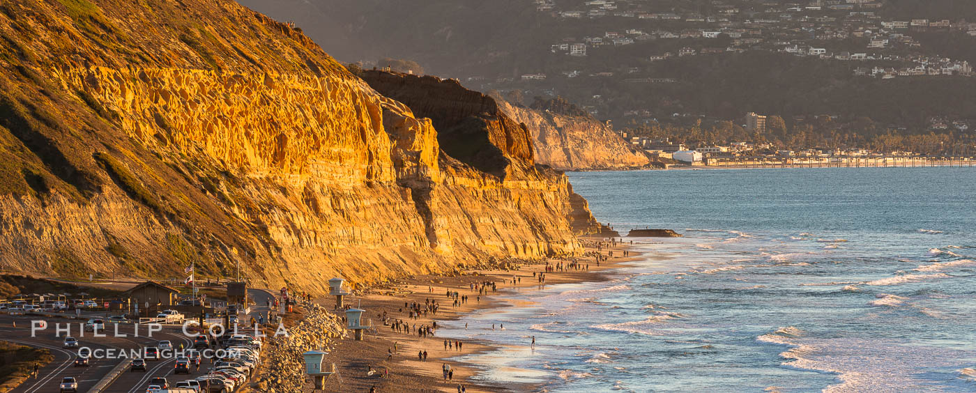 Torrey Pines State Beach at Sunset, La Jolla, Mount Soledad and Blacks Beach in the distance. Torrey Pines State Reserve, San Diego, California, USA, natural history stock photograph, photo id 35100