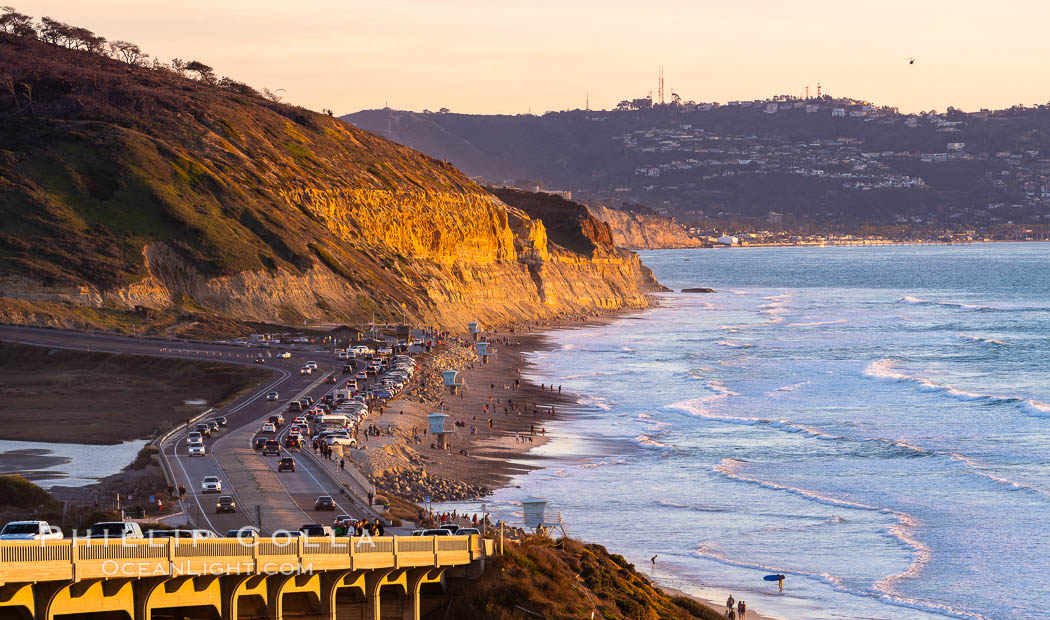 Torrey Pines State Beach at Sunset, La Jolla, Mount Soledad and Blacks Beach in the distance. Torrey Pines State Reserve, San Diego, California, USA, natural history stock photograph, photo id 35057