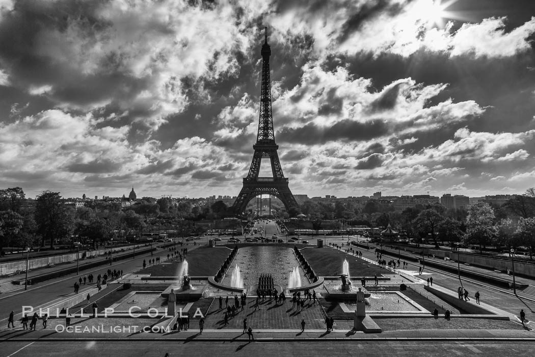 Eiffel Tower and the Trocadero, clouds and sunshine, Paris. The Trocadero, site of the Palais de Chaillot, is an area of Paris, France, in the 16th arrondissement, across the Seine from the Eiffel Tower., natural history stock photograph, photo id 28150