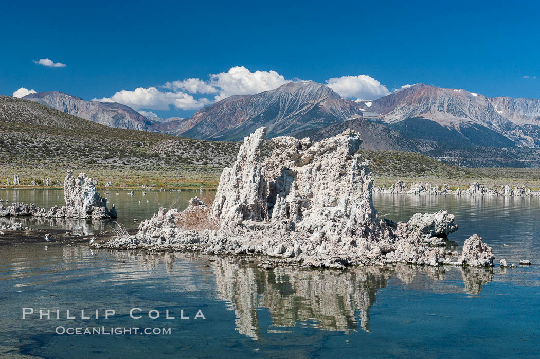 Tufa towers rise from Mono Lake with the Eastern Sierra visible in the distance.  Tufa towers are formed when underwater springs rich in calcium mix with lakewater rich in carbonates, forming calcium carbonate (limestone) structures below the surface of the lake.  The towers were eventually revealed when the water level in the lake was lowered starting in 1941.  South tufa grove, Navy Beach. California, USA, natural history stock photograph, photo id 09936