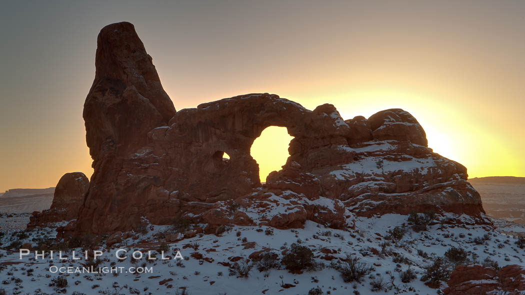 Turret Arch at sunset, winter. Arches National Park, Utah, USA, natural history stock photograph, photo id 18146