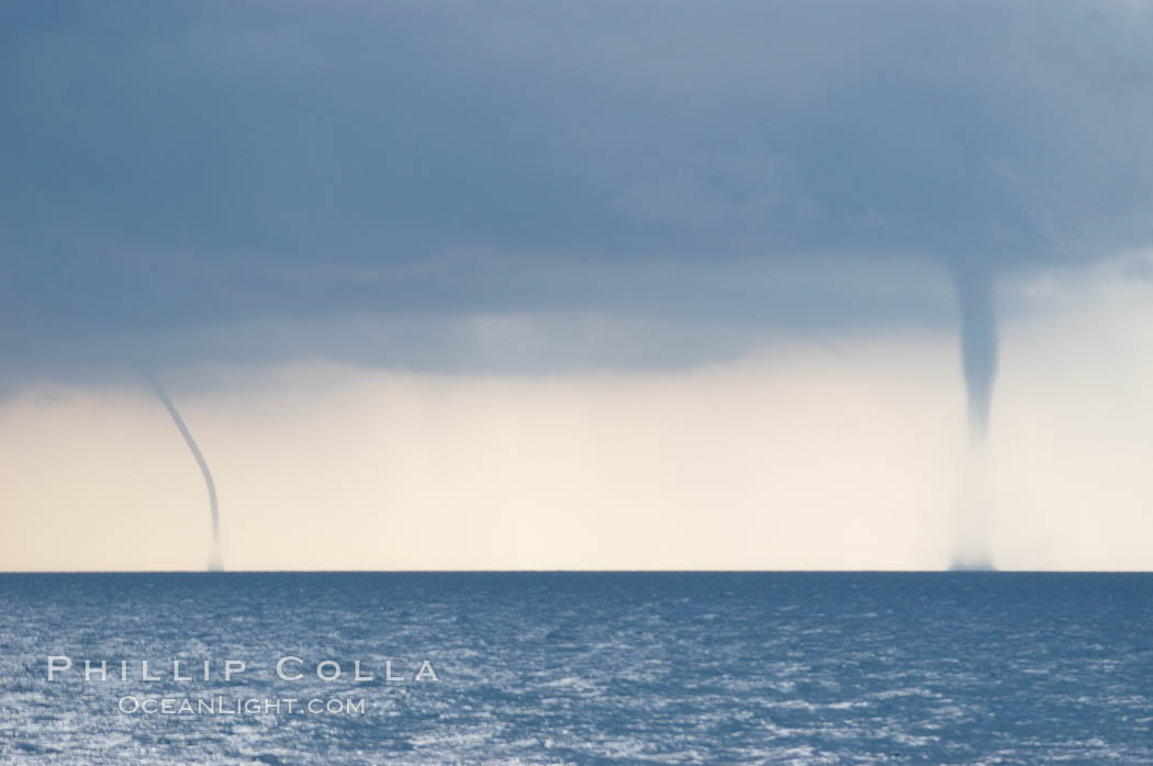 Two simultaneous waterspouts. Waterspouts are tornadoes that form over water, Great Isaac Island