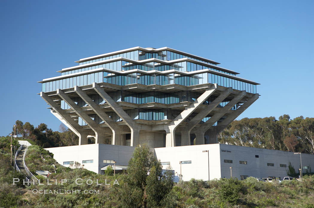 The UCSD Library (Geisel Library, UCSD Central Library) at the University of California, San Diego.  UCSD Library.  La Jolla, California.  On December 1, 1995 The University Library Building was renamed Geisel Library in honor of Audrey and Theodor Geisel (Dr. Seuss) for the generous contributions they have made to the library and their devotion to improving literacy.  In The Tower, Floors 4 through 8 house much of the Librarys collection and study space, while Floors 1 and 2 house service desks and staff work areas.  The library, designed in the late 1960s by William Pereira, is an eight story, concrete structure sited at the head of a canyon near the center of the campus. The lower two stories form a pedestal for the six story, stepped tower that has become a visual symbol for UCSD. USA, natural history stock photograph, photo id 11274