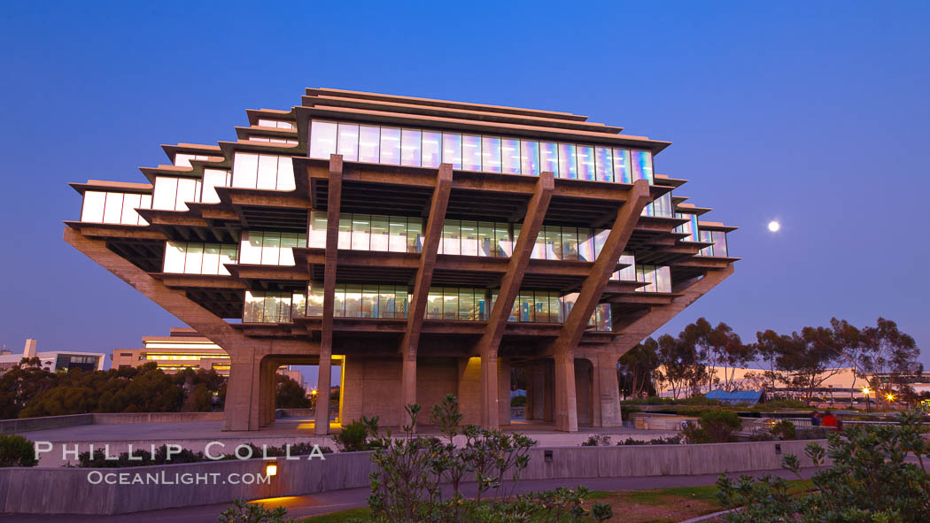 UCSD Library glows at sunset (Geisel Library, UCSD Central Library), University of California, San Diego