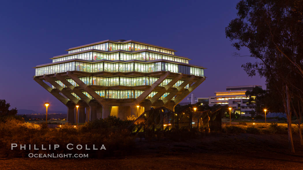 UCSD Library glows at sunset (Geisel Library, UCSD Central Library). University of California, San Diego, USA, natural history stock photograph, photo id 26912
