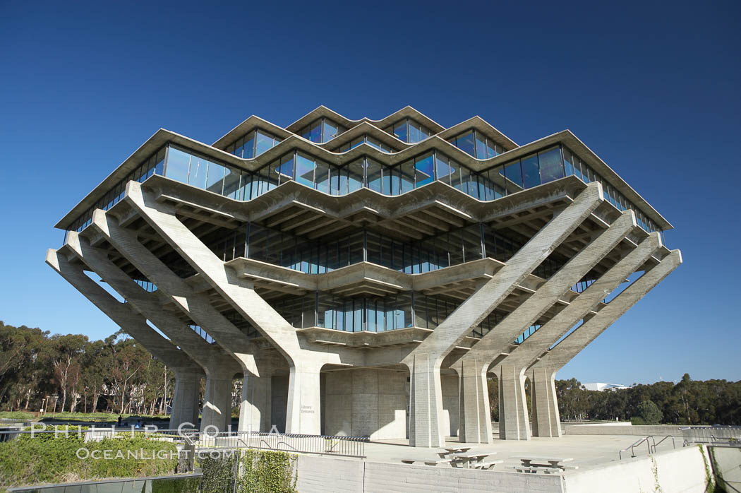 The UCSD Library (Geisel Library, UCSD Central Library) at the University of California, San Diego.  UCSD Library.  La Jolla, California.  On December 1, 1995 The University Library Building was renamed Geisel Library in honor of Audrey and Theodor Geisel (Dr. Seuss) for the generous contributions they have made to the library and their devotion to improving literacy.  In The Tower, Floors 4 through 8 house much of the Librarys collection and study space, while Floors 1 and 2 house service desks and staff work areas.  The library, designed in the late 1960s by William Pereira, is an eight story, concrete structure sited at the head of a canyon near the center of the campus. The lower two stories form a pedestal for the six story, stepped tower that has become a visual symbol for UCSD. USA, natural history stock photograph, photo id 11279