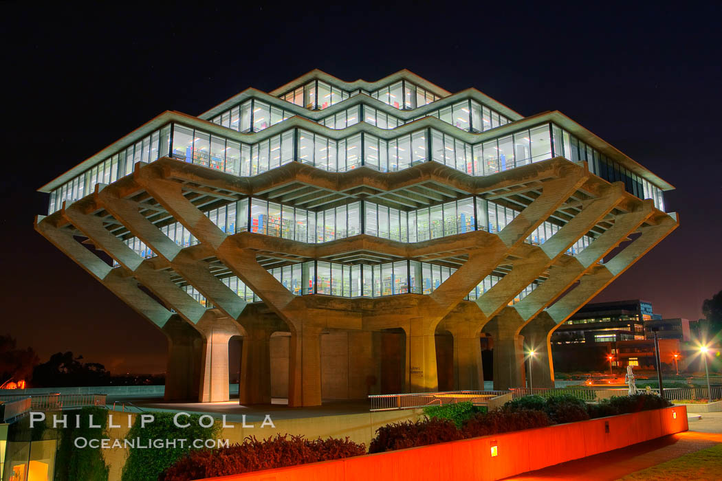 UCSD Library glows with light in this night time exposure (Geisel Library, UCSD Central Library), University of California, San Diego, La Jolla