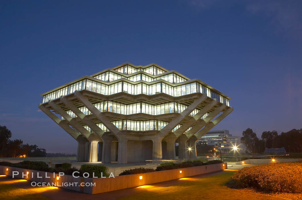 UCSD Library glows with light in this night time exposure (Geisel Library, UCSD Central Library). University of California, San Diego, La Jolla, USA, natural history stock photograph, photo id 20182
