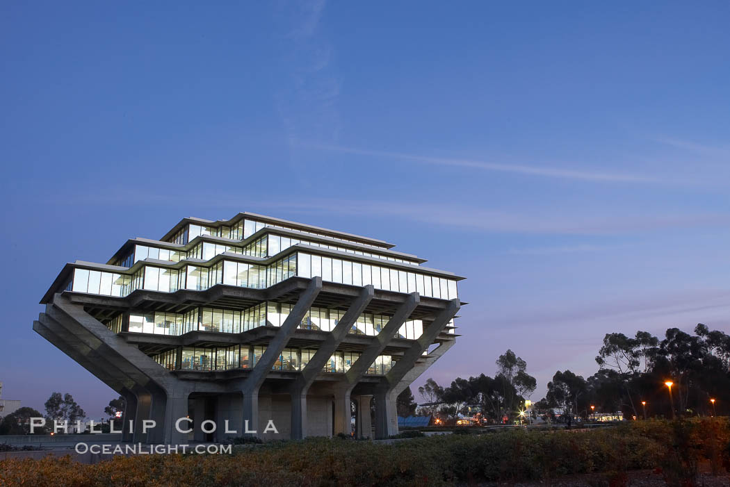 UCSD Library glows with light in this night time exposure (Geisel Library, UCSD Central Library). University of California, San Diego, La Jolla, USA, natural history stock photograph, photo id 20185
