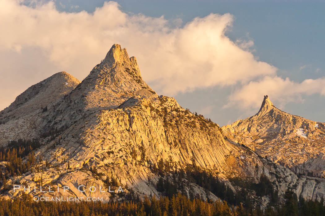 Unicorn Peak at sunset, seen from Tuolumne Meadows. Cockscomb Peak rises in the distance, Yosemite National Park, California