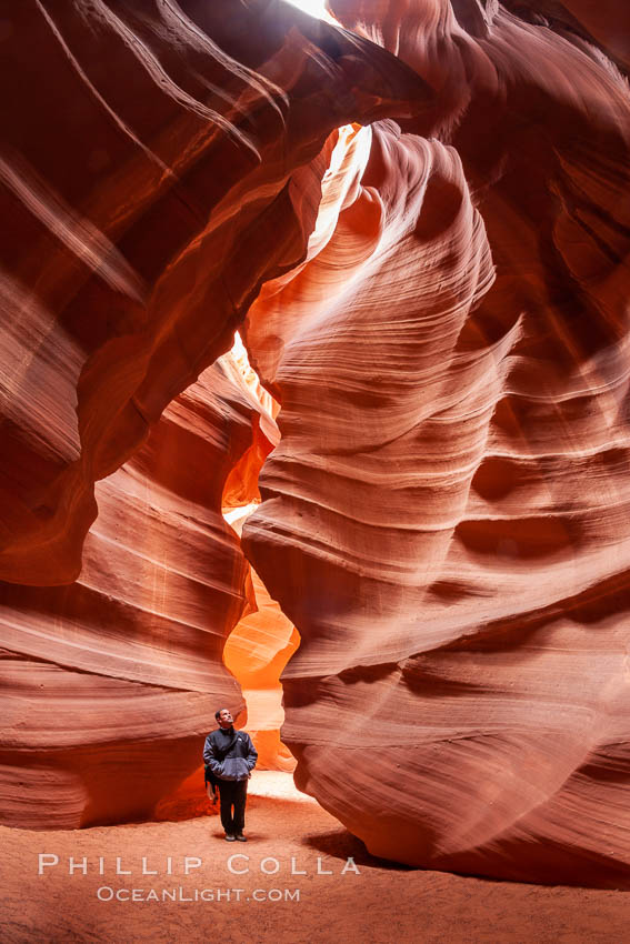 A hiker admiring the striated walls and dramatic light within Antelope Canyon, a deep narrow slot canyon formed by water and wind erosion. Navajo Tribal Lands, Page, Arizona, USA, natural history stock photograph, photo id 17996