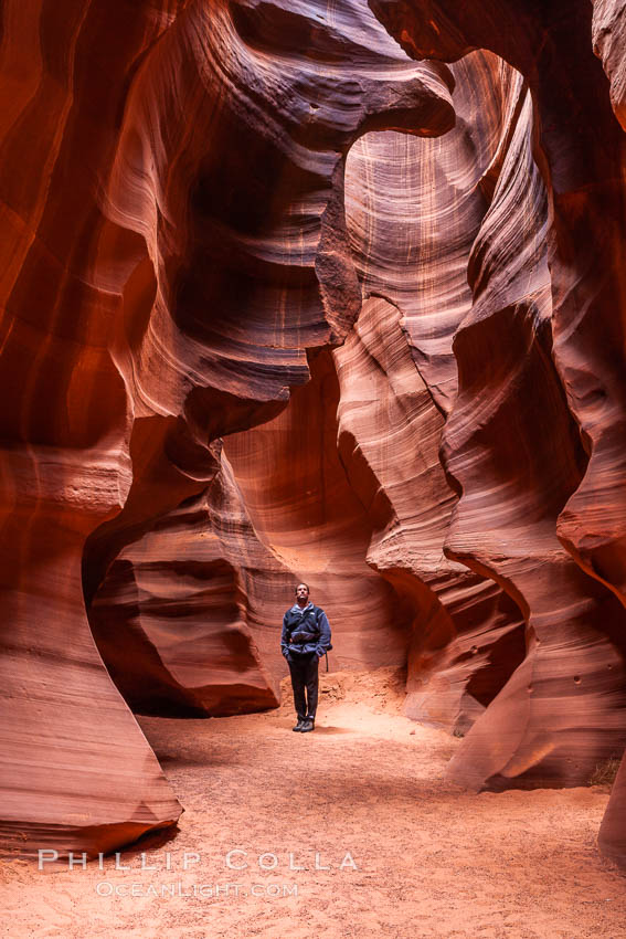 A hiker admiring the striated walls and dramatic light within Antelope Canyon, a deep narrow slot canyon formed by water and wind erosion. Navajo Tribal Lands, Page, Arizona, USA, natural history stock photograph, photo id 18007
