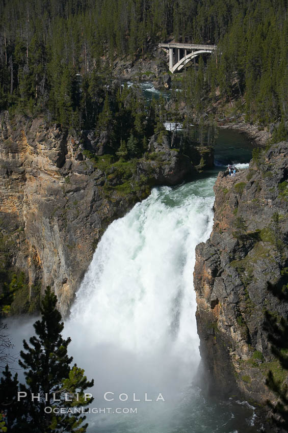 Hikers can be seen at the brink of the Upper Falls of the Yellowstone River, a 100 foot plunge at the head of the Grand Canyon of the Yellowstone. Yellowstone National Park, Wyoming, USA, natural history stock photograph, photo id 13317