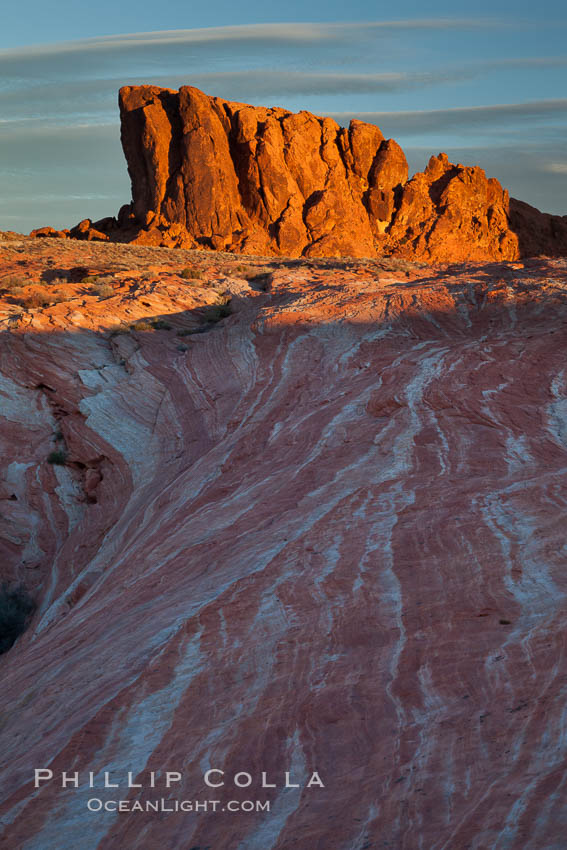 Sandstone striations and butte, dawn. Valley of Fire State Park, Nevada, USA, natural history stock photograph, photo id 26496