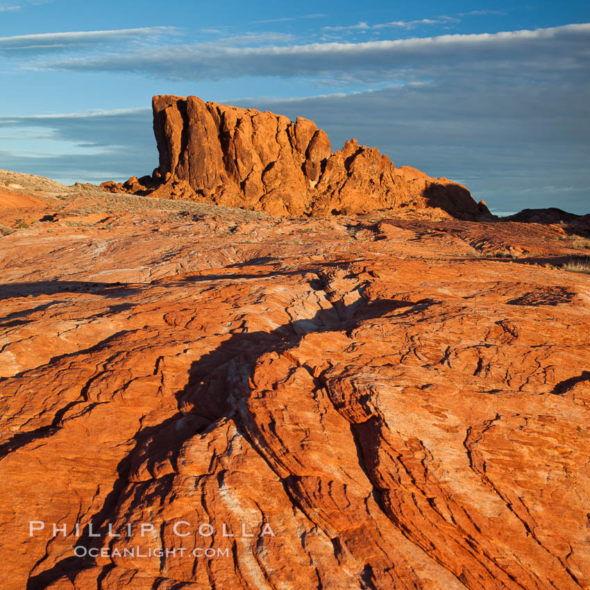 Sandstone striations and butte, dawn. Valley of Fire State Park, Nevada, USA, natural history stock photograph, photo id 26477