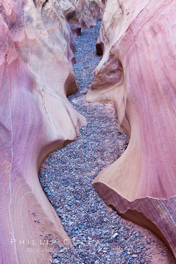 Slot canyon, sandstone detail and gravel, formed by water erosion. Valley of Fire State Park, Nevada, USA, natural history stock photograph, photo id 26493