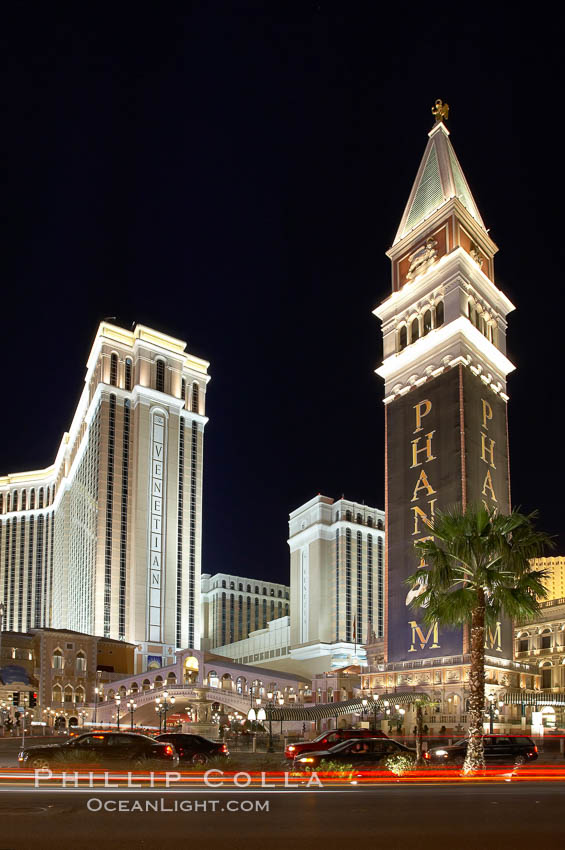 The Venetian Hotel rises above the Strip, Las Vegas Boulevard, at night. Nevada, USA, natural history stock photograph, photo id 20562