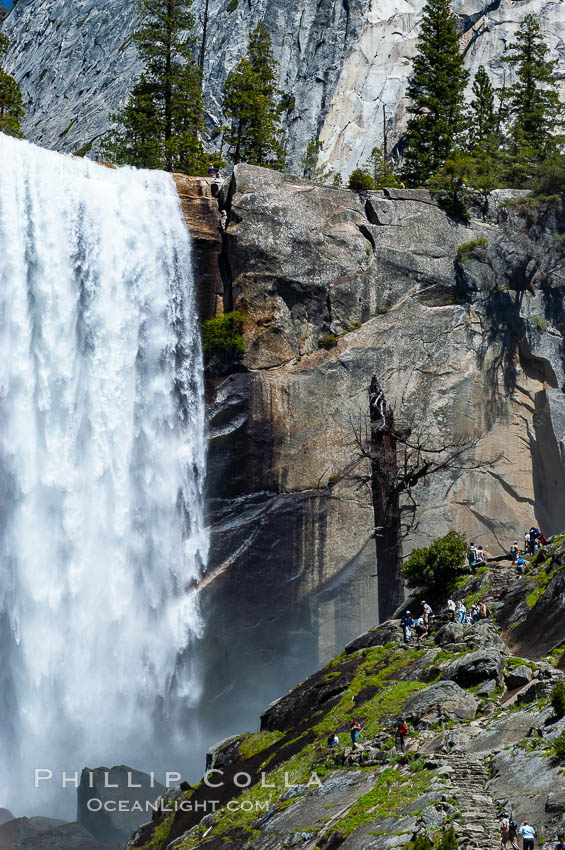 Hikers climb the Mist Trail (at right) through Little Yosemite Valley, approaching Vernal Falls.  Spring. Yosemite National Park, California, natural history stock photograph, photo id 09201