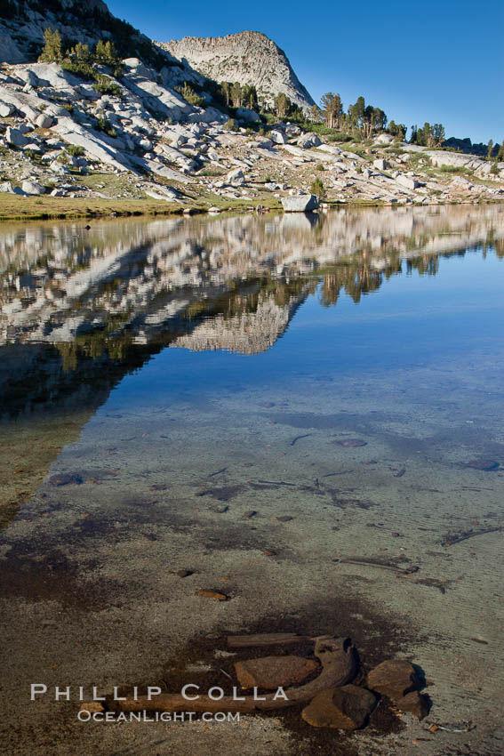 Vogelsang Peak (11500') and the shoulder of Fletcher Peak, reflected in the still morning waters of Fletcher Lake, in Yosemite's gorgeous high country, late summer. Yosemite National Park, California, USA, natural history stock photograph, photo id 25788