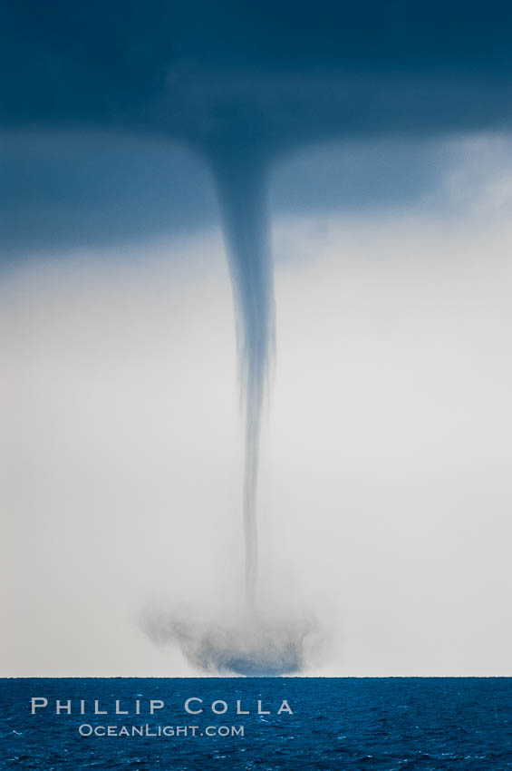 A mature waterspout, seen extending from clouds above to the ocean surface.  A significant disturbance on the ocean is clearly visible, the waterspout has reached is maximum intensity.   Waterspouts are tornadoes that form over water. Great Isaac Island, Bahamas, natural history stock photograph, photo id 10850