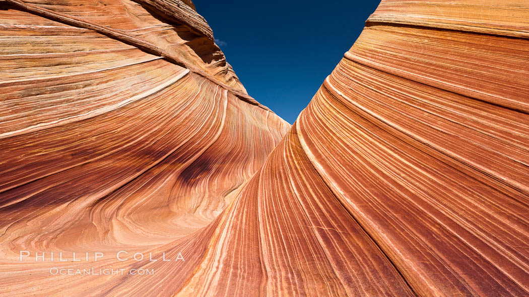The Wave, an area of fantastic eroded sandstone featuring beautiful swirls, wild colors, countless striations, and bizarre shapes set amidst the dramatic surrounding North Coyote Buttes of Arizona and Utah.  The sandstone formations of the North Coyote Buttes, including the Wave, date from the Jurassic period. Managed by the Bureau of Land Management, the Wave is located in the Paria Canyon-Vermilion Cliffs Wilderness and is accessible on foot by permit only. USA, natural history stock photograph, photo id 20608
