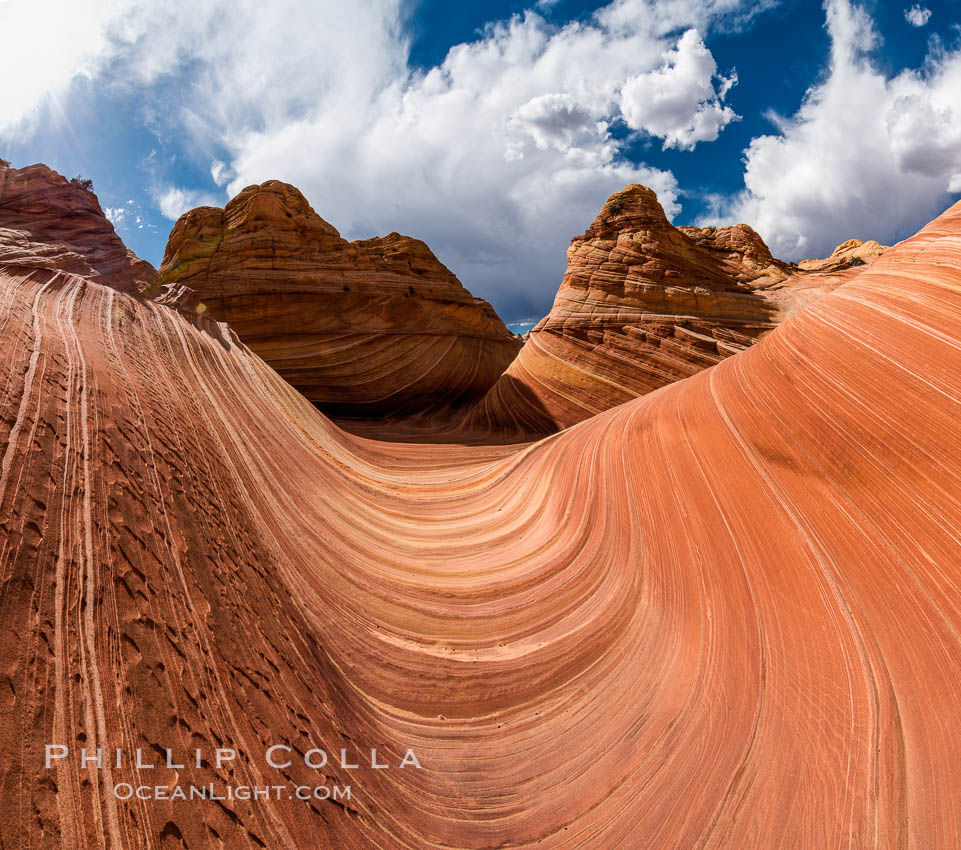 The Wave in the North Coyote Buttes, an area of fantastic eroded sandstone featuring beautiful swirls, wild colors, countless striations, and bizarre shapes set amidst the dramatic surrounding North Coyote Buttes of Arizona and Utah. The sandstone formations of the North Coyote Buttes, including the Wave, date from the Jurassic period. Managed by the Bureau of Land Management, the Wave is located in the Paria Canyon-Vermilion Cliffs Wilderness and is accessible on foot by permit only. USA, natural history stock photograph, photo id 28604