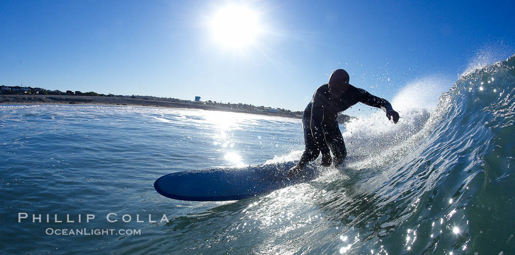 Longboarder carves wave in early morning sun. Ponto, Carlsbad, California, USA, natural history stock photograph, photo id 21783