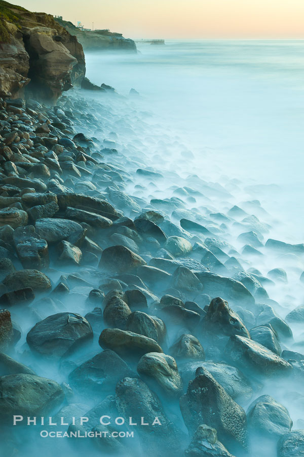 Waves and beach boulders, abstract study of water movement., natural history stock photograph, photo id 26446