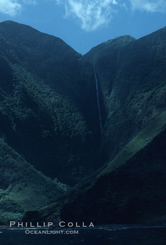 Waterfall and sea cliffs. Molokai, Hawaii, USA, natural history stock photograph, photo id 04544