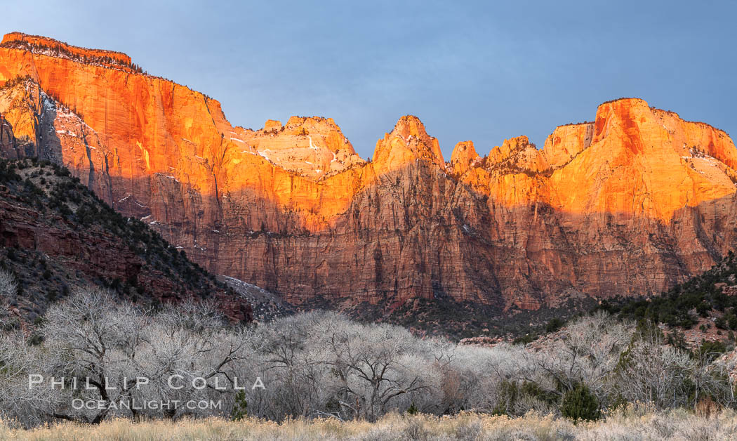 West Temple, The Sundial and the Altar of Sacrifice at sunrise. Zion National Park, Utah, USA, natural history stock photograph, photo id 37791