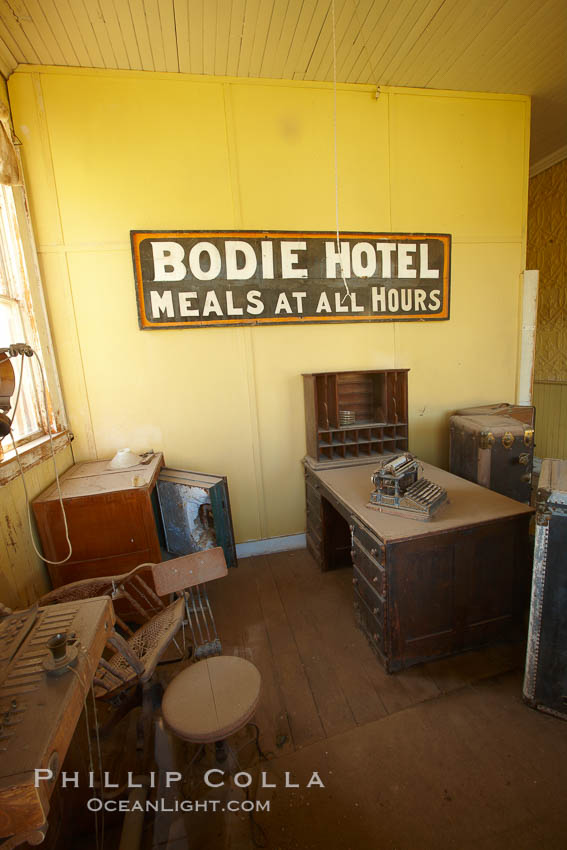 Wheaton and Hollis Hotel, lobby interior with sign "Bodie Hotel, meals at all hours.". Bodie State Historical Park, California, USA, natural history stock photograph, photo id 23117